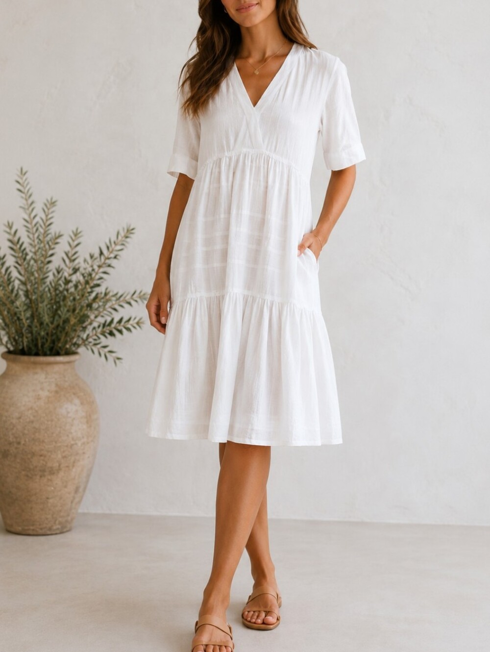 Studio One White Cotton V-Neck Midi Dress Perfect Summer Cottagecore Staple